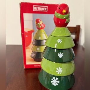 PIER 1 Measuring Cups Nesting Christmas Tree & Red Bird Stacking Ceramic